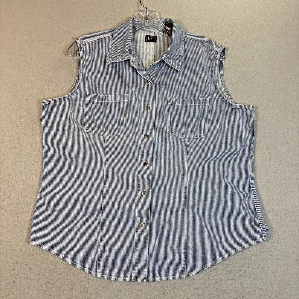 Lee Shirt Denim Women XL Sleeveless Blue Pin-striped VTG made in Hong Kong EUC